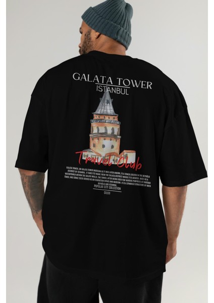 Galata Tower Istanbul Arka Baskılı Oversize T-Shirt Erkek Kadın Pamuk Bisiklet Yaka Tişort