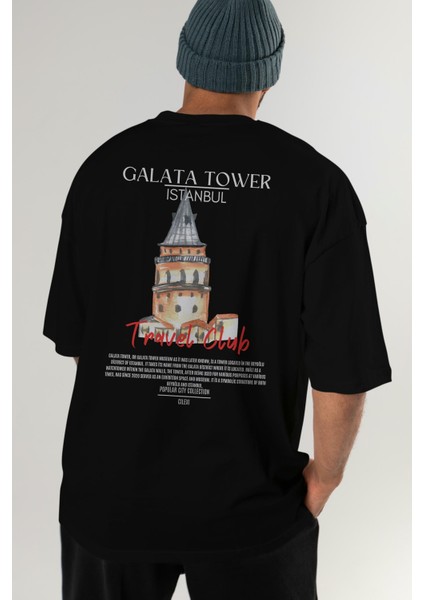 Galata Tower Istanbul Arka Baskılı Oversize T-Shirt Erkek Kadın Pamuk Bisiklet Yaka Tişort