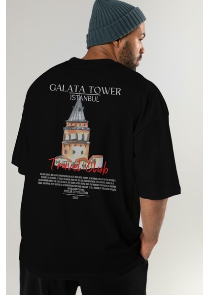 Galata Tower Istanbul Arka Baskılı Oversize T-Shirt Erkek Kadın Pamuk Bisiklet Yaka Tişort