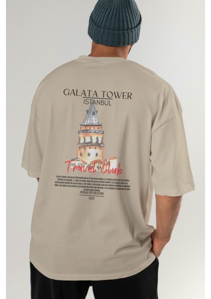 Galata Tower Istanbul Arka Baskılı Oversize T-Shirt Erkek Kadın Pamuk Bisiklet Yaka Tişort