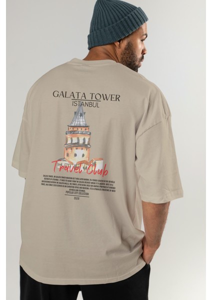Galata Tower Istanbul Arka Baskılı Oversize T-Shirt Erkek Kadın Pamuk Bisiklet Yaka Tişort