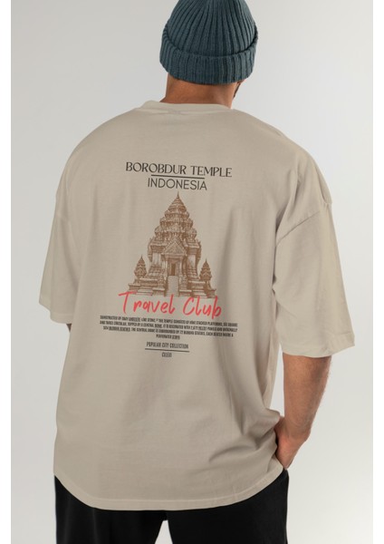 Borobdur Temple Indonesia Arka Baskılı Oversize T-Shirt Erkek Kadın Pamuk Bisiklet Yaka Tişort