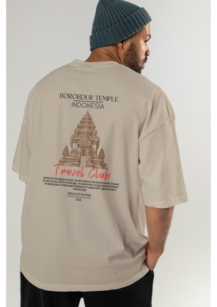 Borobdur Temple Indonesia Arka Baskılı Oversize T-Shirt Erkek Kadın Pamuk Bisiklet Yaka Tişort