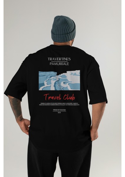 Travertines Pamukkale Arka Baskılı Oversize T-Shirt Erkek Kadın Pamuk Bisiklet Yaka Tişort
