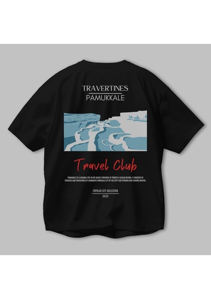 Travertines Pamukkale Arka Baskılı Oversize T-Shirt Erkek Kadın Pamuk Bisiklet Yaka Tişort modelleri