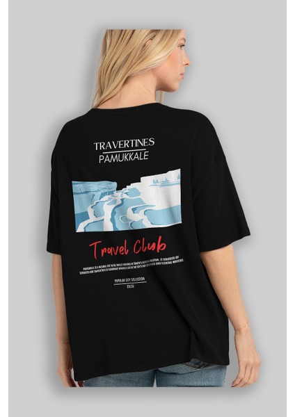 Travertines Pamukkale Arka Baskılı Oversize T-Shirt Erkek Kadın Pamuk Bisiklet Yaka Tişort fırsatları