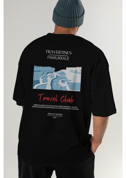 Travertines Pamukkale Arka Baskılı Oversize T-Shirt Erkek Kadın Pamuk Bisiklet Yaka Tişort