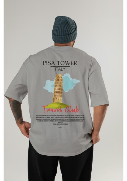 Pisa Tower Italy Arka Baskılı Oversize T-Shirt Erkek Kadın Pamuk Bisiklet Yaka Tişort