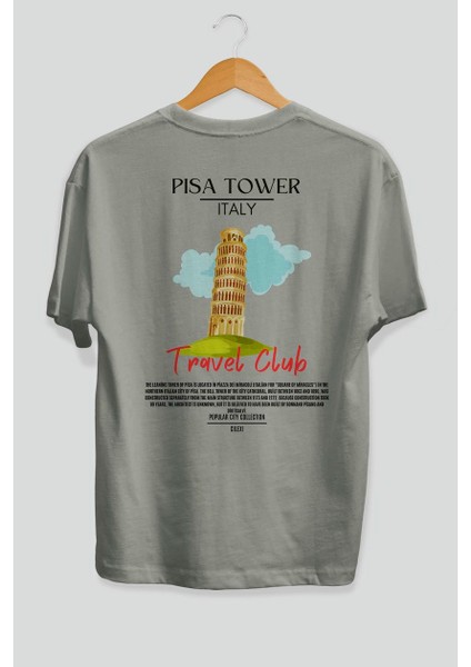 Pisa Tower Italy Arka Baskılı Oversize T-Shirt Erkek Kadın Pamuk Bisiklet Yaka Tişort fiyatları