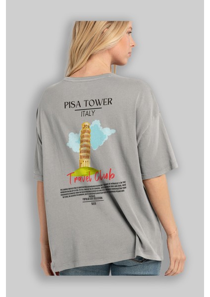 Pisa Tower Italy Arka Baskılı Oversize T-Shirt Erkek Kadın Pamuk Bisiklet Yaka Tişort modelleri