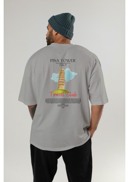 Pisa Tower Italy Arka Baskılı Oversize T-Shirt Erkek Kadın Pamuk Bisiklet Yaka Tişort fırsatları