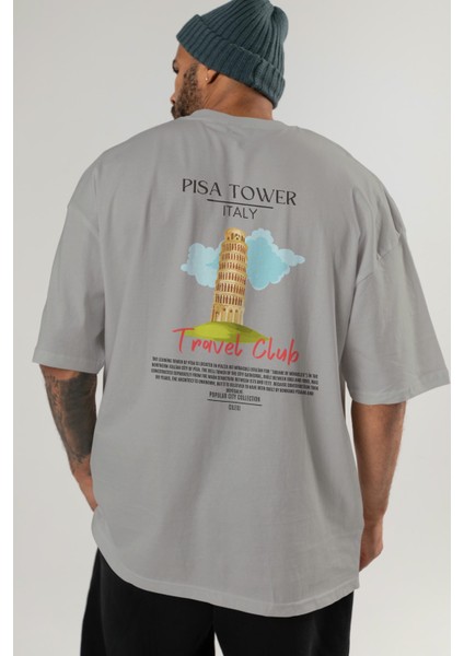 Pisa Tower Italy Arka Baskılı Oversize T-Shirt Erkek Kadın Pamuk Bisiklet Yaka Tişort indirimleri