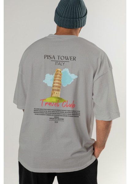 Pisa Tower Italy Arka Baskılı Oversize T-Shirt Erkek Kadın Pamuk Bisiklet Yaka Tişort