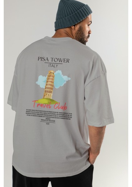 Pisa Tower Italy Arka Baskılı Oversize T-Shirt Erkek Kadın Pamuk Bisiklet Yaka Tişort
