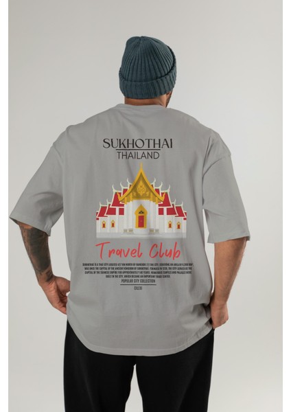 Sukhothai Thailand Arka Baskılı Oversize T-Shirt Erkek Kadın Pamuk Bisiklet Yaka Tişort