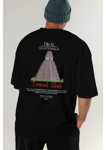 Tikal Guatemala Arka Baskılı Oversize T-Shirt Erkek Kadın Pamuk Bisiklet Yaka Tişort