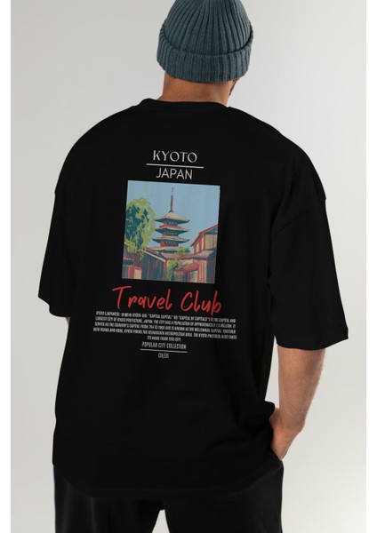 Kyoto Japan Arka Baskılı Oversize T-Shirt Erkek Kadın Pamuk Bisiklet Yaka Tişort
