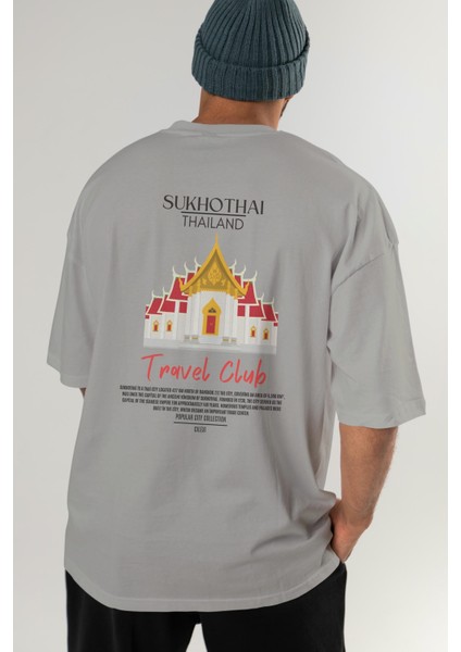 Sukhothai Thailand Arka Baskılı Oversize T-Shirt Erkek Kadın Pamuk Bisiklet Yaka Tişort