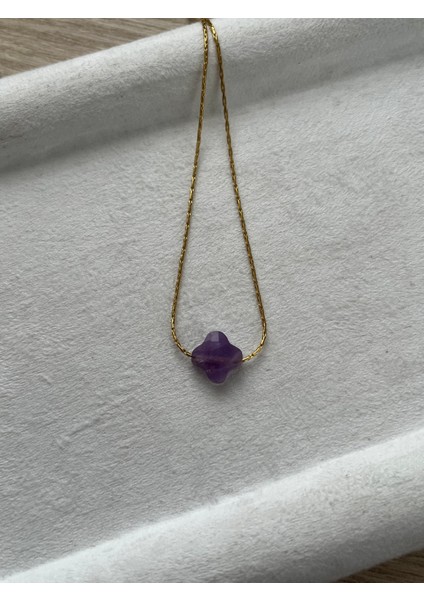 Yonca Ametist Taşı Çelik Kolye El Yapımı