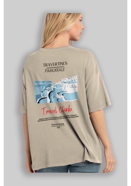 Travertines Pamukkale Arka Baskılı Oversize T-Shirt Erkek Kadın Pamuk Bisiklet Yaka Tişort modelleri