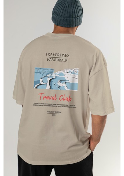 Travertines Pamukkale Arka Baskılı Oversize T-Shirt Erkek Kadın Pamuk Bisiklet Yaka Tişort