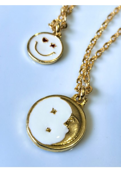 Kolye Ikili Altın Kaplama Zincirli Mineli Gülen Yüz Kolye ,Beyaz Mineli Ay kolye