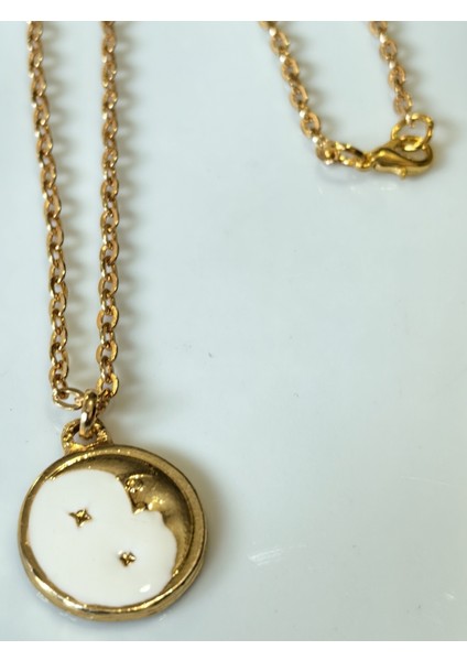 Kolye Ikili Altın Kaplama Zincirli Mineli Gülen Yüz Kolye ,Beyaz Mineli Ay kolye fiyatları