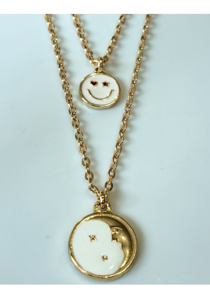 Kolye Ikili Altın Kaplama Zincirli Mineli Gülen Yüz Kolye ,Beyaz Mineli Ay kolye fırsatları