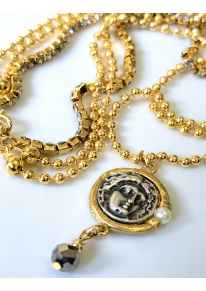 Kolye Üç Sıra Su yolu Madalyon Detaylı Altın Kaplama Kolye