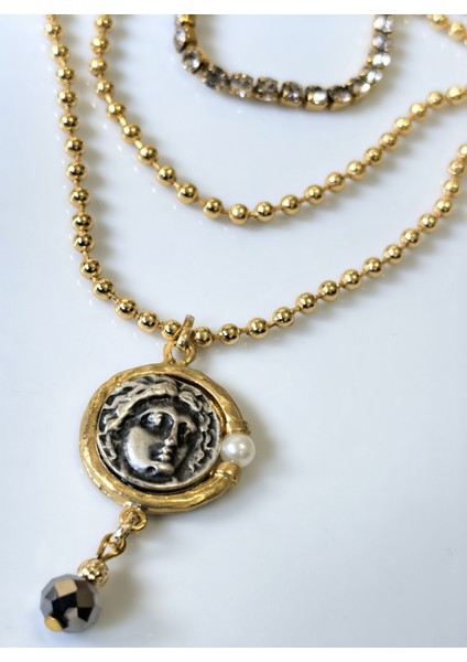 Kolye Üç Sıra Su yolu Madalyon Detaylı Altın Kaplama Kolye fiyatları