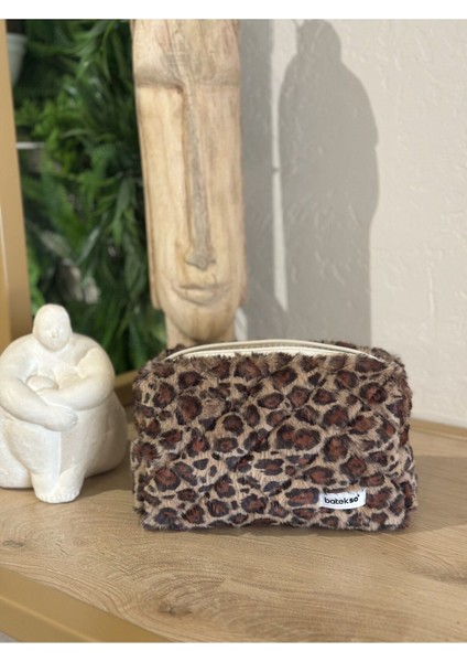 Peluş Leopar Desenli Makyaj Çantası - Büyük Boy fiyatları