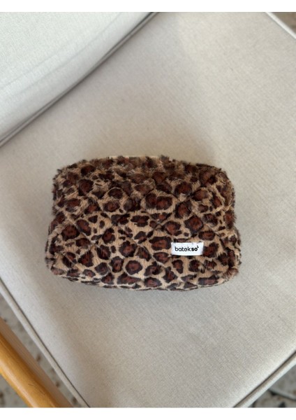 Peluş Leopar Desenli Makyaj Çantası - Büyük Boy