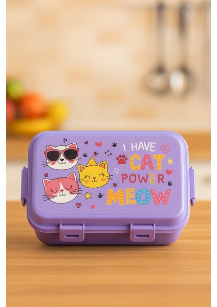 Catpower Dikdörtgen Model Kendinden Kaşıklı 4 Bölmeli 2 Katlı Beslenme Kutusu Kedili