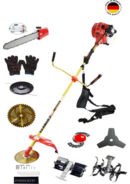 Alman Benzinli Yan Tırpan Ot Çalı Biçme Toprak Çapalama Makinesi 2 Çapa Başlıklı