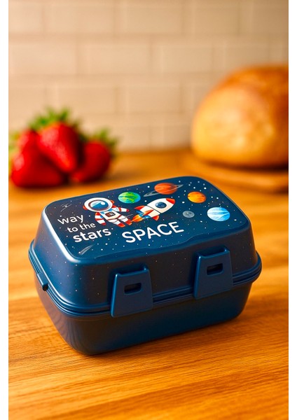 Uzay Model Dikdörtgen Kendinden Kaşıklı 4 Bölmeli 2 Katlı Beslenme Kutusu Uzay