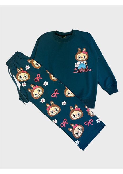 Kız Çocuk Pamuklu Petrol Yeşili Labubu Desenli Uzun Kollu Bol Paça Eşofman Takımı