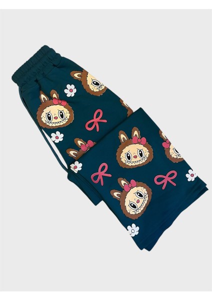 Kız Çocuk Pamuklu Petrol Yeşili Labubu Desenli Uzun Kollu Bol Paça Eşofman Takımı indirimleri