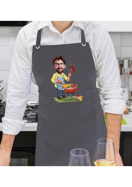Kişiye Özel Erkek Barbekü Karikatürlü Profesyonel Antrasit Mutfak Önlüğü