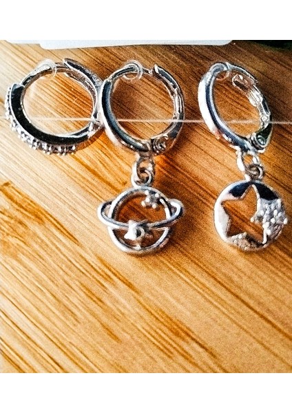 Gümüş Renk Lüks Gösterişli Figürlü Üçlü Küpe