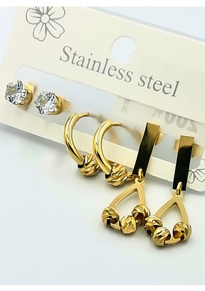 3 Çift Kararmaz Çelik Lüks Küpe