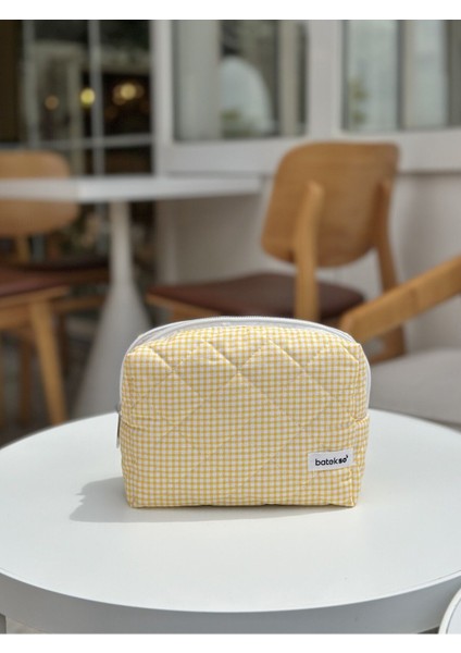 Sarı Kare Desenli Makyaj Çantası - Büyük Boy