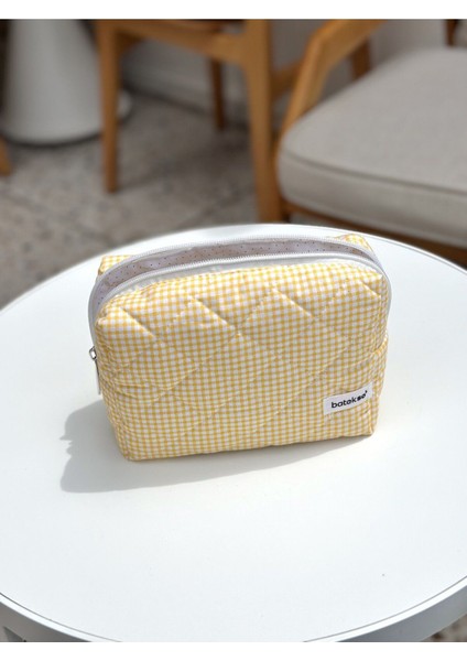 Sarı Kare Desenli Makyaj Çantası - Büyük Boy fiyatları