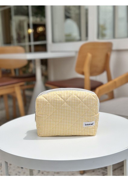 Sarı Kare Desenli Makyaj Çantası - Büyük Boy modelleri