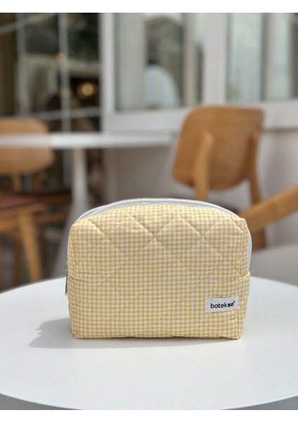 Sarı Kare Desenli Makyaj Çantası - Büyük Boy fırsatları