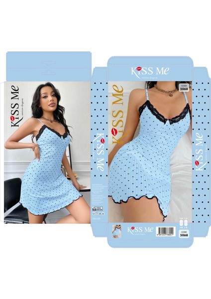 Detaylı Şık Kadın Gecelik Takımı Mavi 2