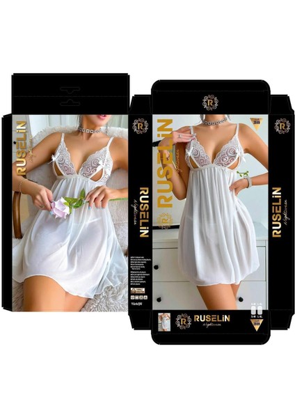 Dantel Detaylı Şık Kadın Gecelik Beyaz 2