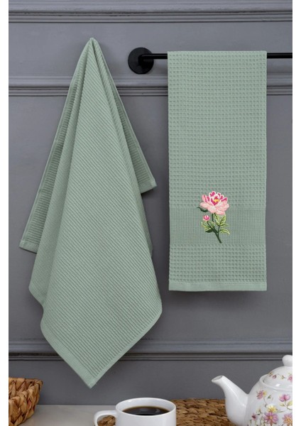 Yeşil Pamuklu 2 Parça Çiçek Nakışlı Havlu ve Mutfak Kurulama Bezi 50X70 Kutulu