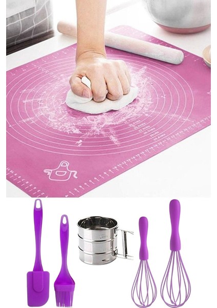 6 Parça Silikon Hamur Açma Matı, Un Eleme, Spatula&fırça, 2 Boy Silikon Çırpıcı Sunum Hazırlama