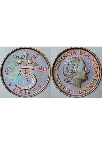 Hollanda 5 Cent 1980 Kraliçe Juliana. Bu Tipin Basıldığı Son Tarih. Güzel Renkli Patinalı Çilaltı+