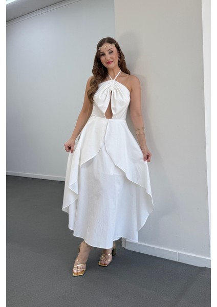 Angel Boyundan Bağlamalı Volanlı Midi Elbise modelleri